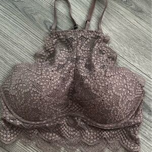 High neck eye lash lace brown Victoria’s Secret pink bralette